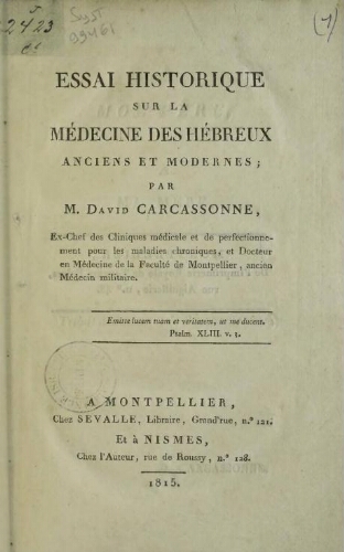 Essai historique sur la médecine des Hébreux